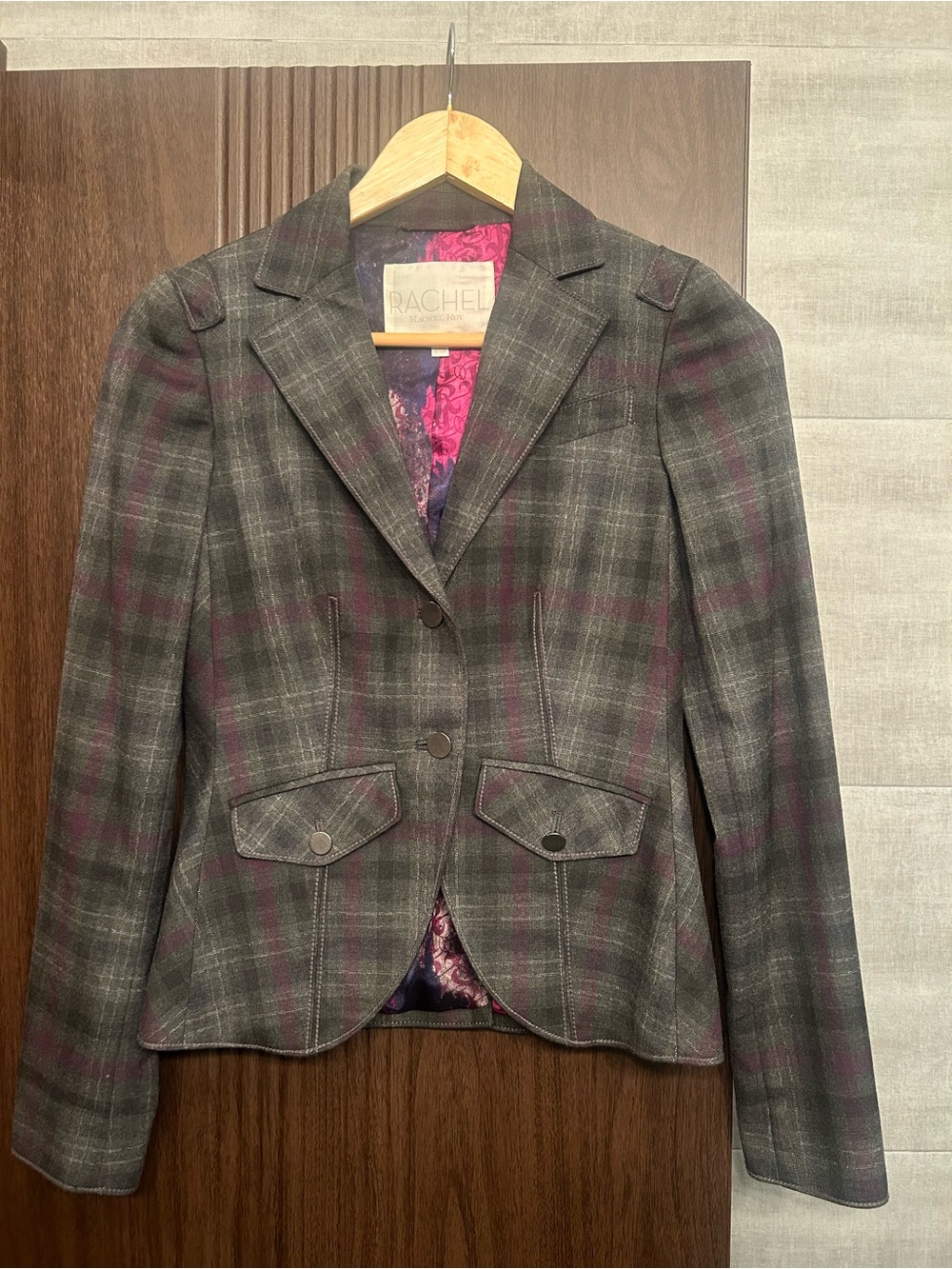 Rachel Roy Women's Gray Plaid Single-Breasted Blazer Jacket with Plum Accents